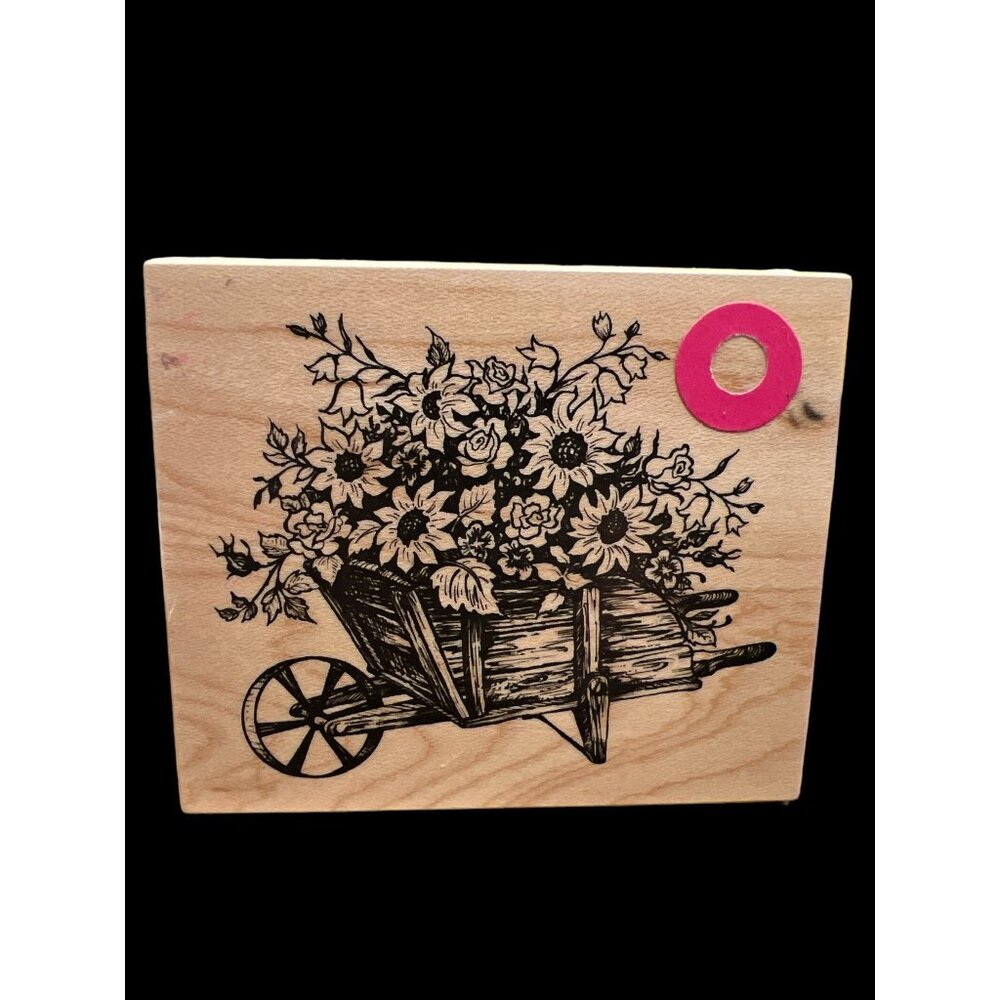 Vintage Wooden Wheelbarrow‎ of Wildflowers Rubber Mounted Stamp, Dated 1995